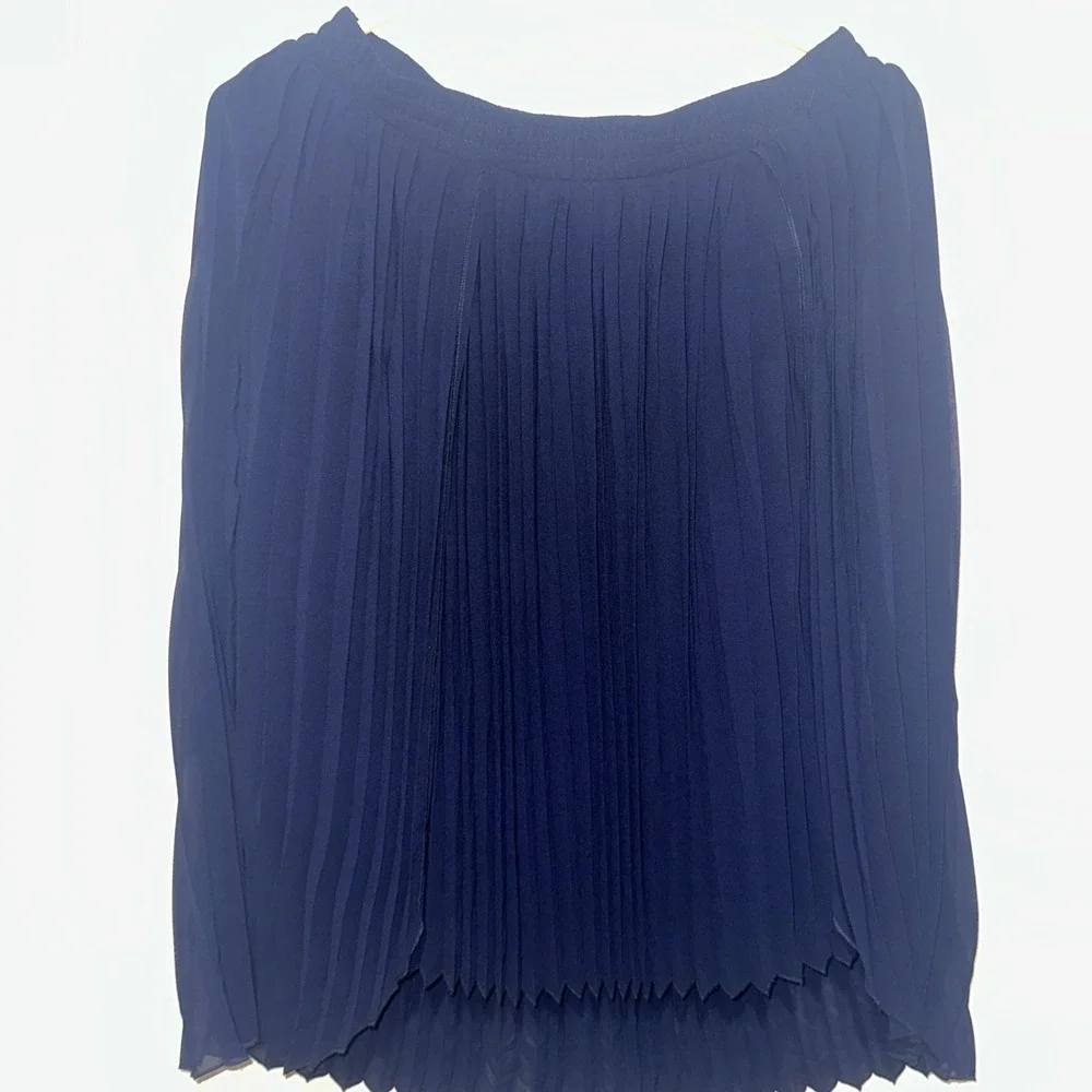Pleione Asymmetrical Pleated Midi Skirt Black Sheer Overlay Size S Navy Pull‎ On